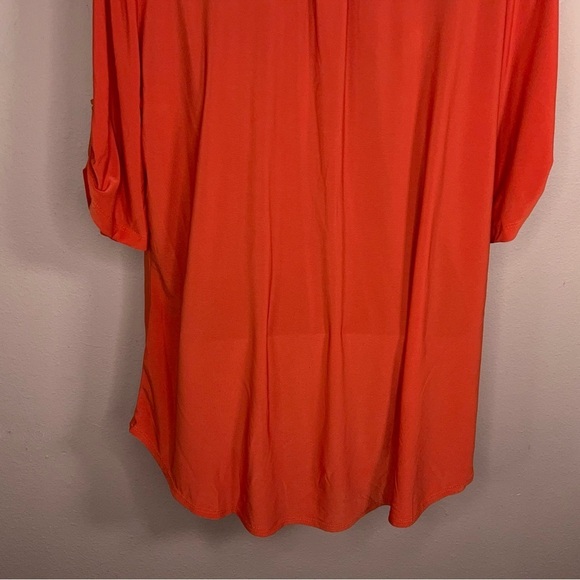 XL CORAL ORANGE STRETCH BLOUSE TOP GOLD ACCENT HALF SLEEVE STRETCH VNECK - Picture 9 of 13